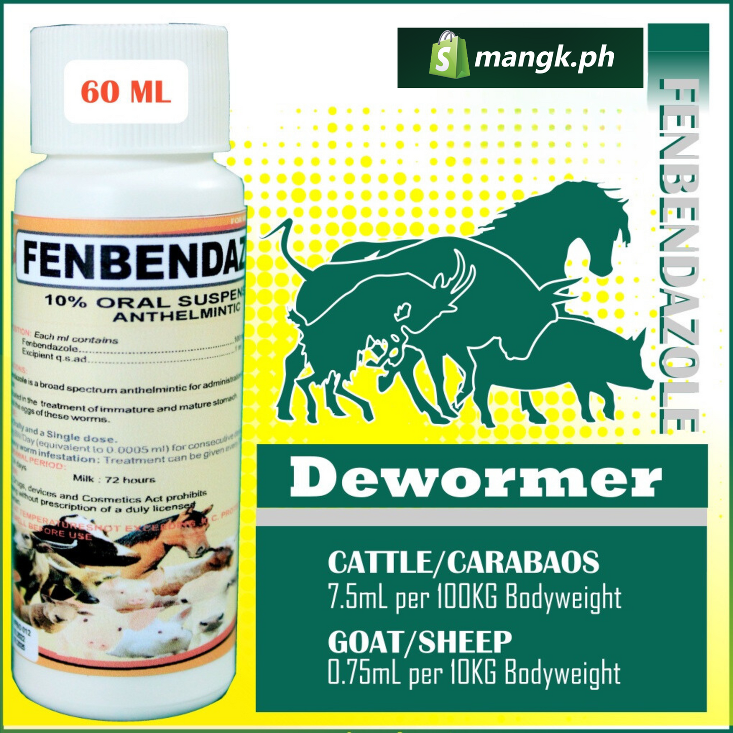 FENBENDAZOLE 60ml| 10% oral Suspension| Dewormer at Anti Pagtatae sa Kambing Tupa Baka at Baboy